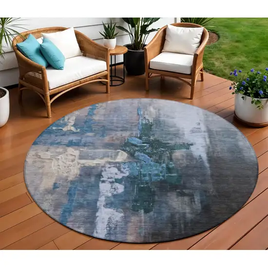 8' Blue Charcoal And Brown Round Abstract Washable Indoor Outdoor Area Rug Photo 2