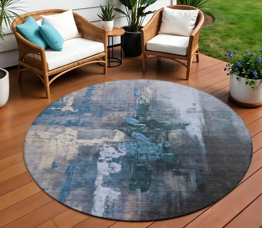 8' Blue Charcoal And Brown Round Abstract Washable Indoor Outdoor Area Rug Photo 2
