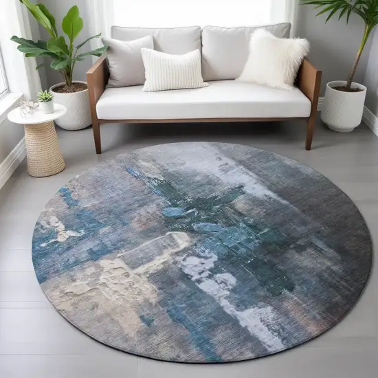 8' Blue Charcoal And Brown Round Abstract Washable Indoor Outdoor Area Rug Photo 7