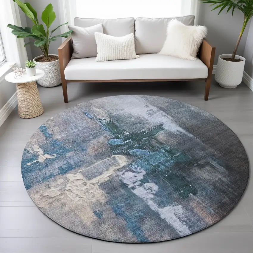 8' Blue Charcoal And Brown Round Abstract Washable Indoor Outdoor Area Rug Photo 7