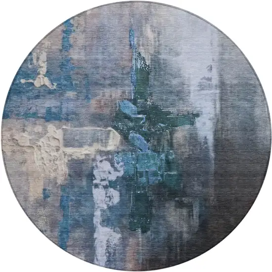 8' Blue Charcoal And Brown Round Abstract Washable Indoor Outdoor Area Rug Photo 1