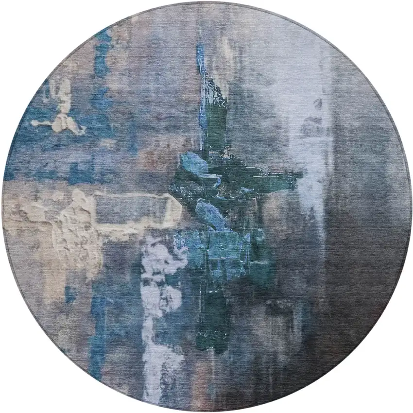 8' Blue Charcoal And Brown Round Abstract Washable Indoor Outdoor Area Rug Photo 1
