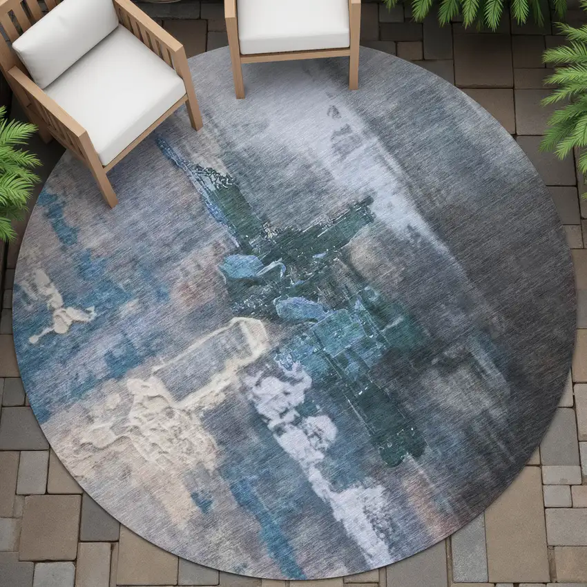 8' Blue Charcoal And Brown Round Abstract Washable Indoor Outdoor Area Rug Photo 6