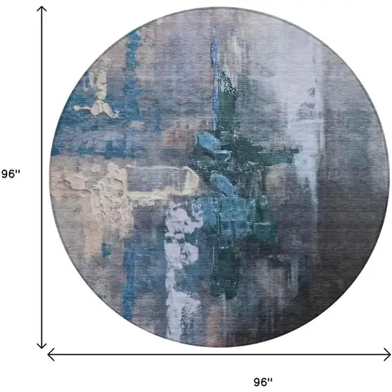 8' Blue Charcoal And Brown Round Abstract Washable Indoor Outdoor Area Rug Photo 8