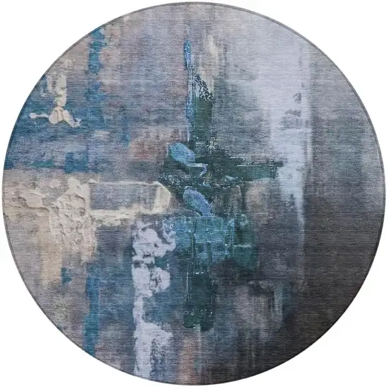 8' Blue Charcoal And Brown Round Abstract Washable Indoor Outdoor Area Rug Photo 3