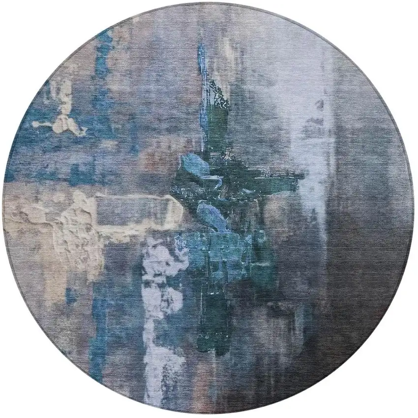 8' Blue Charcoal And Brown Round Abstract Washable Indoor Outdoor Area Rug Photo 3