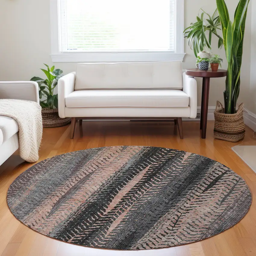 8' Blue Charcoal And Copper Round Botanical Leaves Washable Indoor Outdoor Area Rug Photo 8
