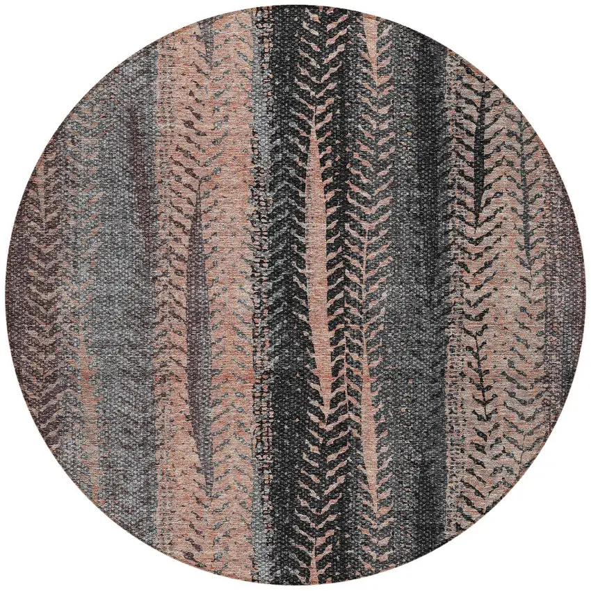 8' Blue Charcoal And Copper Round Botanical Leaves Washable Indoor Outdoor Area Rug Photo 6