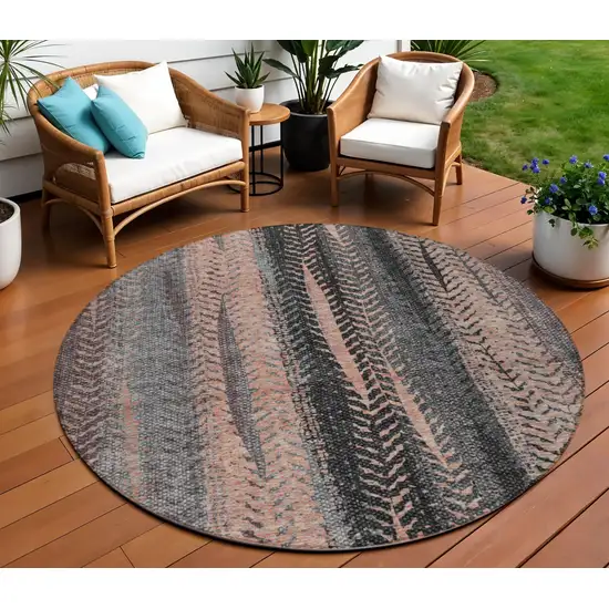 8' Blue Charcoal And Copper Round Botanical Leaves Washable Indoor Outdoor Area Rug Photo 1