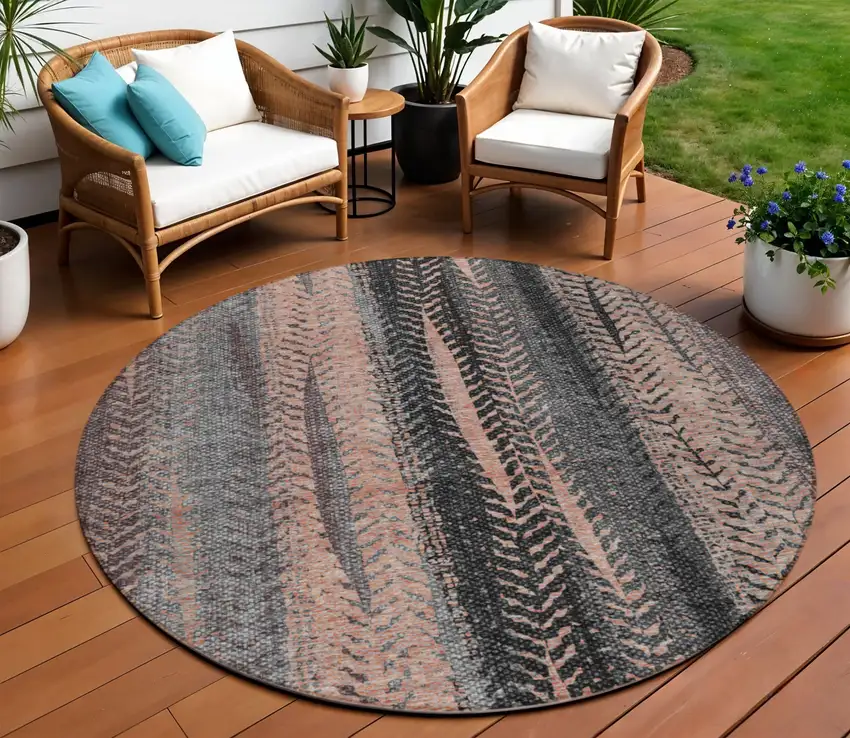 8' Blue Charcoal And Copper Round Botanical Leaves Washable Indoor Outdoor Area Rug Photo 1