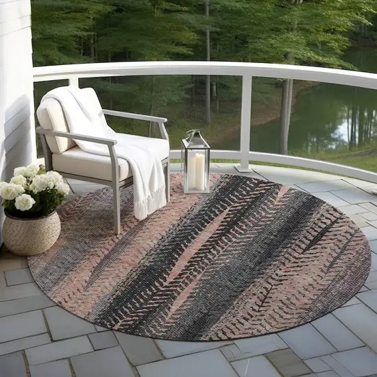 8' Blue Charcoal And Copper Round Botanical Leaves Washable Indoor Outdoor Area Rug Photo 7