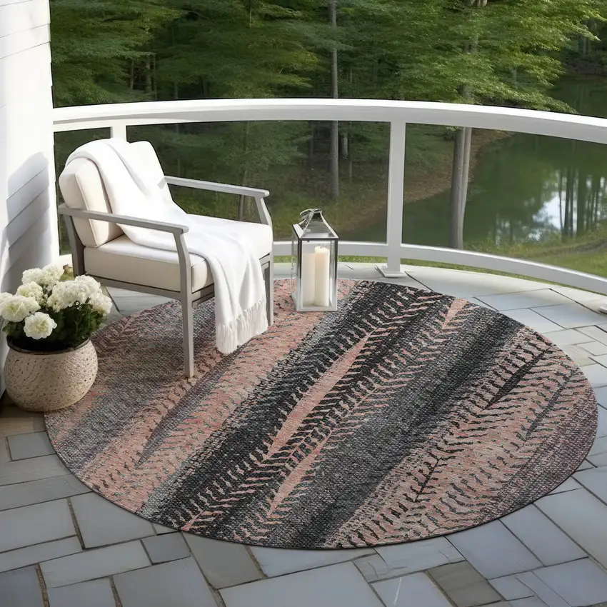 8' Blue Charcoal And Copper Round Botanical Leaves Washable Indoor Outdoor Area Rug Photo 7