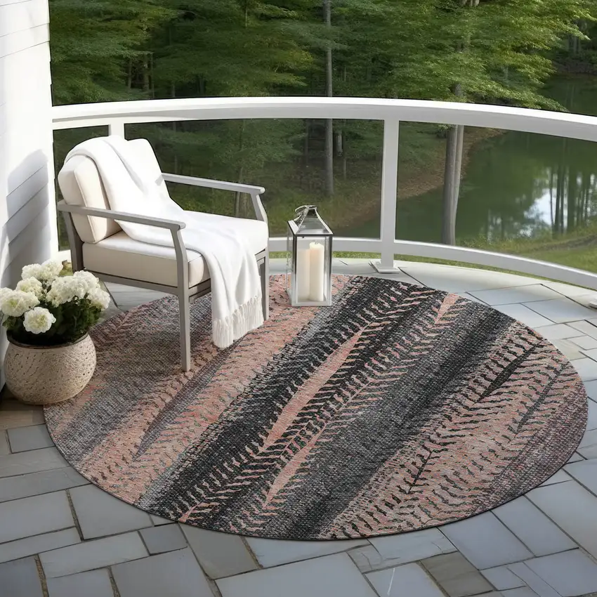 8' Blue Charcoal And Copper Round Botanical Leaves Washable Indoor Outdoor Area Rug Photo 7