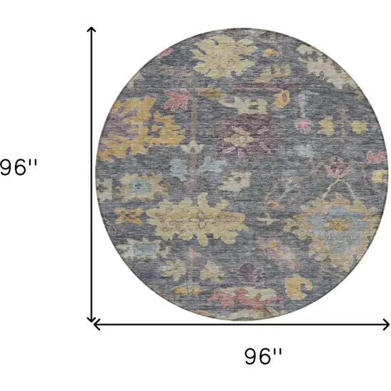 8' Blue Charcoal And Gold Round Floral Washable Indoor Outdoor Area Rug Photo 8