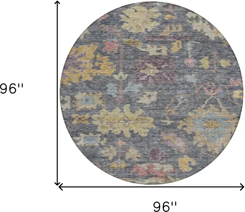 8' Blue Charcoal And Gold Round Floral Washable Indoor Outdoor Area Rug Photo 8