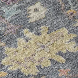 Photo of 8' Blue Charcoal And Gold Round Floral Washable Indoor Outdoor Area Rug