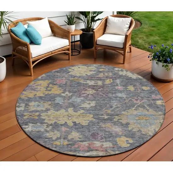8' Blue Charcoal And Gold Round Floral Washable Indoor Outdoor Area Rug Photo 1