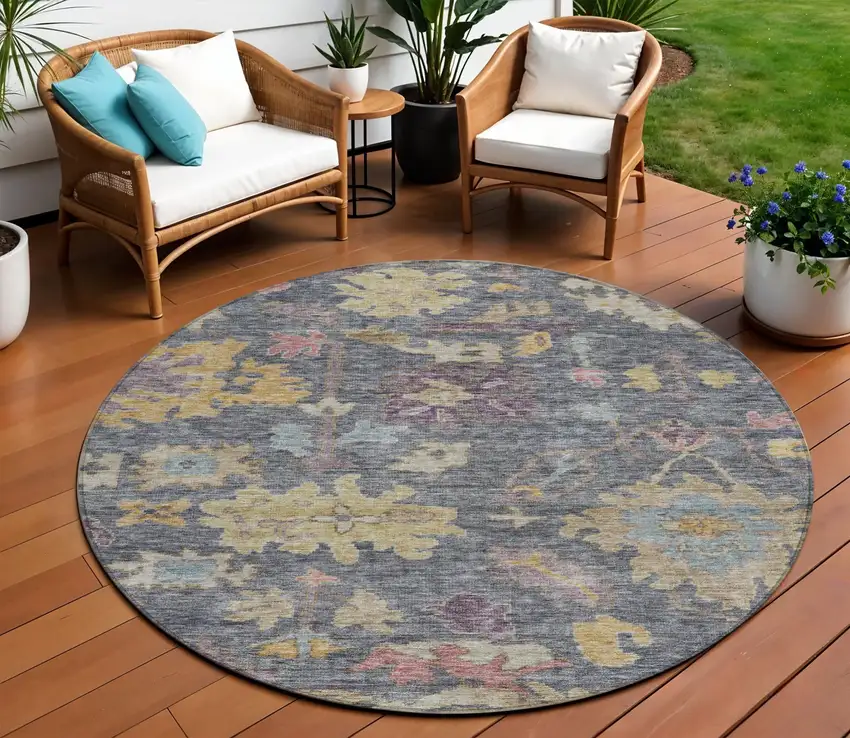 8' Blue Charcoal And Gold Round Floral Washable Indoor Outdoor Area Rug Photo 1