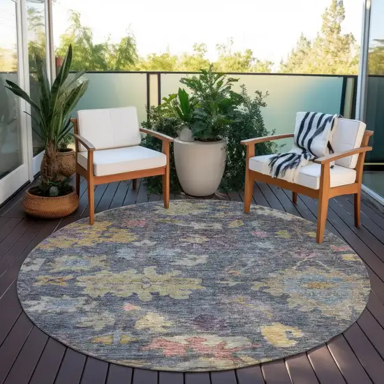 8' Blue Charcoal And Gold Round Floral Washable Indoor Outdoor Area Rug Photo 6