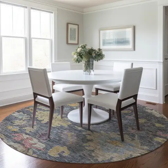 8' Blue Charcoal And Gold Round Floral Washable Indoor Outdoor Area Rug Photo 7