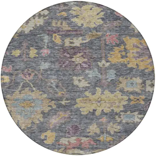 8' Blue Charcoal And Gold Round Floral Washable Indoor Outdoor Area Rug Photo 5
