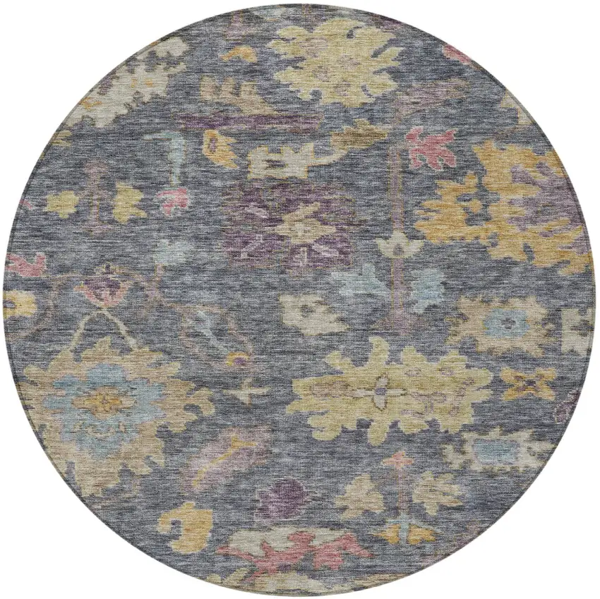 8' Blue Charcoal And Gold Round Floral Washable Indoor Outdoor Area Rug Photo 5