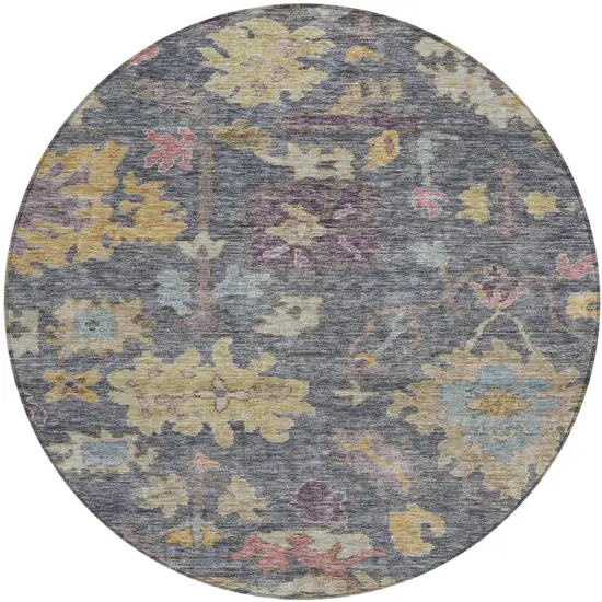 8' Blue Charcoal And Gold Round Floral Washable Indoor Outdoor Area Rug Photo 2
