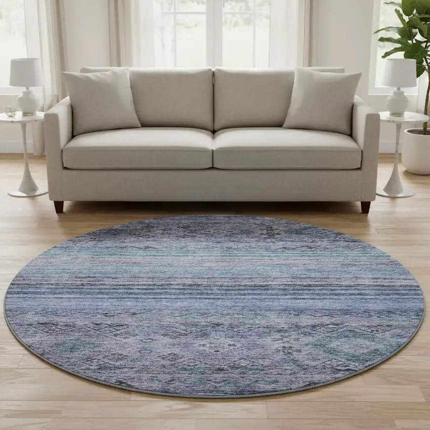 8' Blue Charcoal And Gray Abstract Geometric Washable Round Rug With UV Protection Photo 2