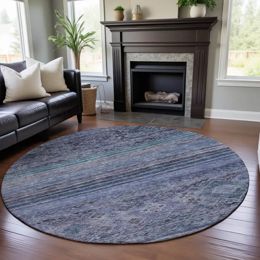 8' Blue Charcoal And Gray Abstract Geometric Washable Round Rug With UV Protection Photo 4