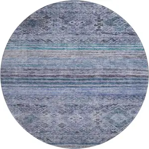 Photo of 8' Blue Charcoal And Gray Abstract Geometric Washable Round Rug With UV Protection