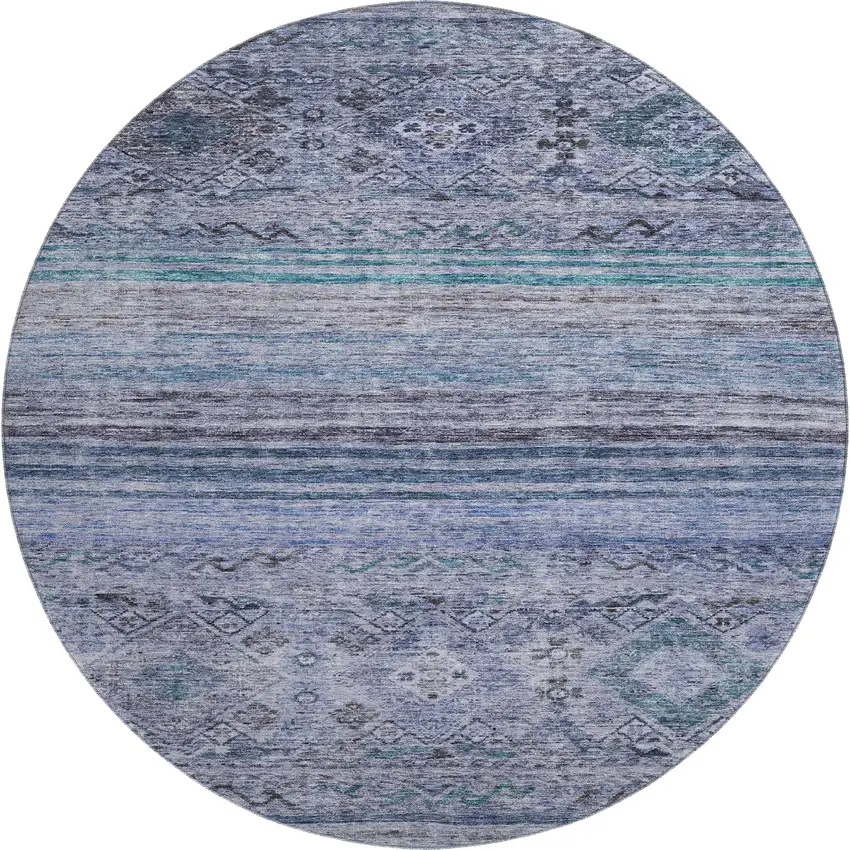 8' Blue Charcoal And Gray Abstract Geometric Washable Round Rug With UV Protection Photo 1