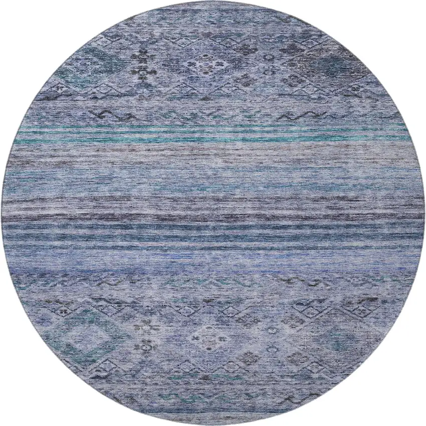 8' Blue Charcoal And Gray Abstract Geometric Washable Round Rug With UV Protection Photo 3