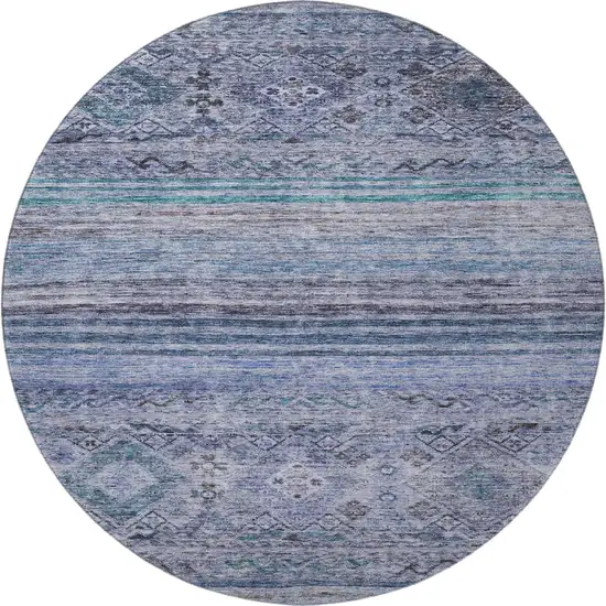 8' Blue Charcoal And Gray Abstract Geometric Washable Round Rug With UV Protection Photo 3