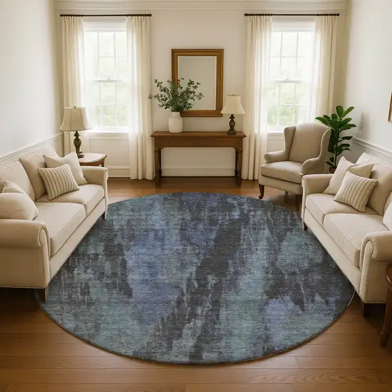8' Blue Charcoal And Gray Abstract Washable Round Rug With UV Protection Photo 4