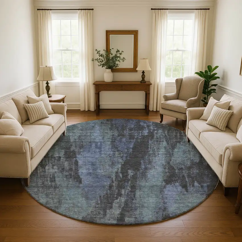 8' Blue Charcoal And Gray Abstract Washable Round Rug With UV Protection Photo 4
