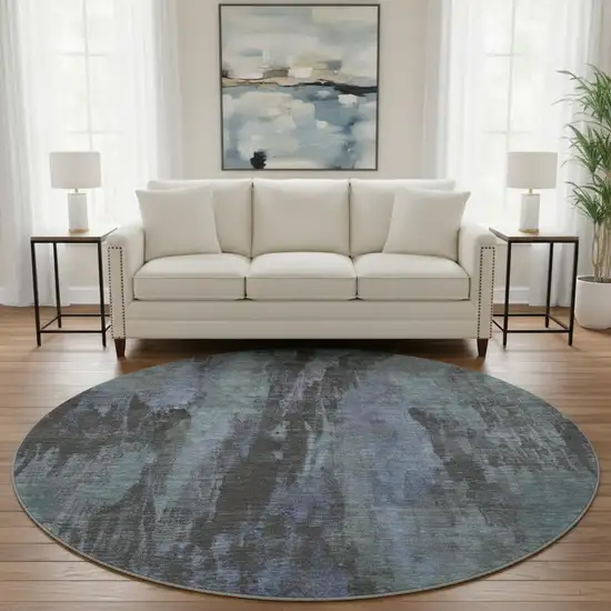 8' Blue Charcoal And Gray Abstract Washable Round Rug With UV Protection Photo 2