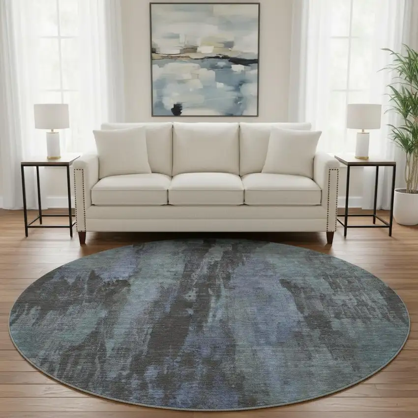 8' Blue Charcoal And Gray Abstract Washable Round Rug With UV Protection Photo 2