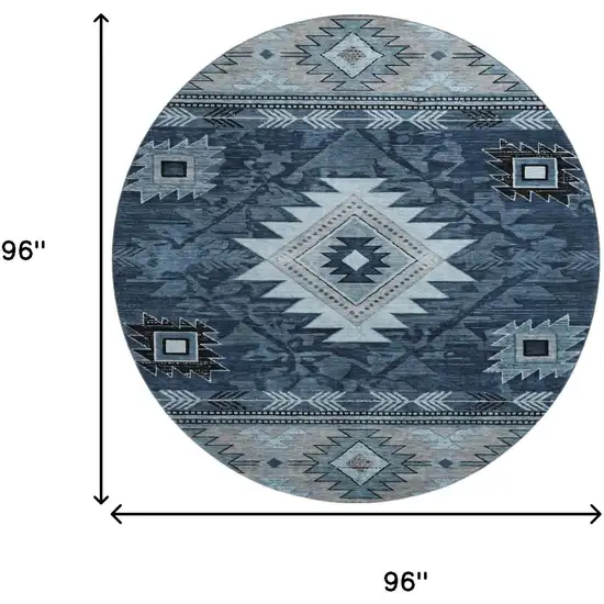 8' Blue Charcoal And Gray Geometric Washable Round Rug With UV Protection Photo 9