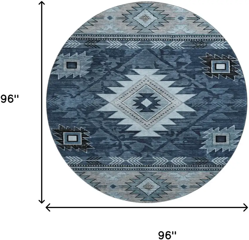 8' Blue Charcoal And Gray Geometric Washable Round Rug With UV Protection Photo 9