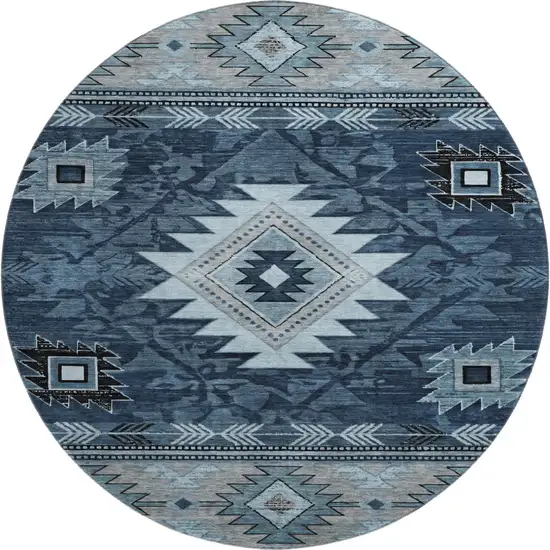 8' Blue Charcoal And Gray Geometric Washable Round Rug With UV Protection Photo 1