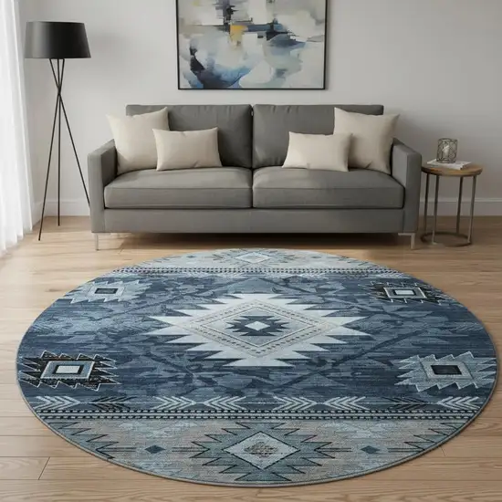 8' Blue Charcoal And Gray Geometric Washable Round Rug With UV Protection Photo 2