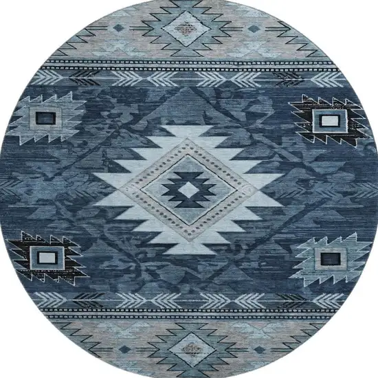 8' Blue Charcoal And Gray Geometric Washable Round Rug With UV Protection Photo 3