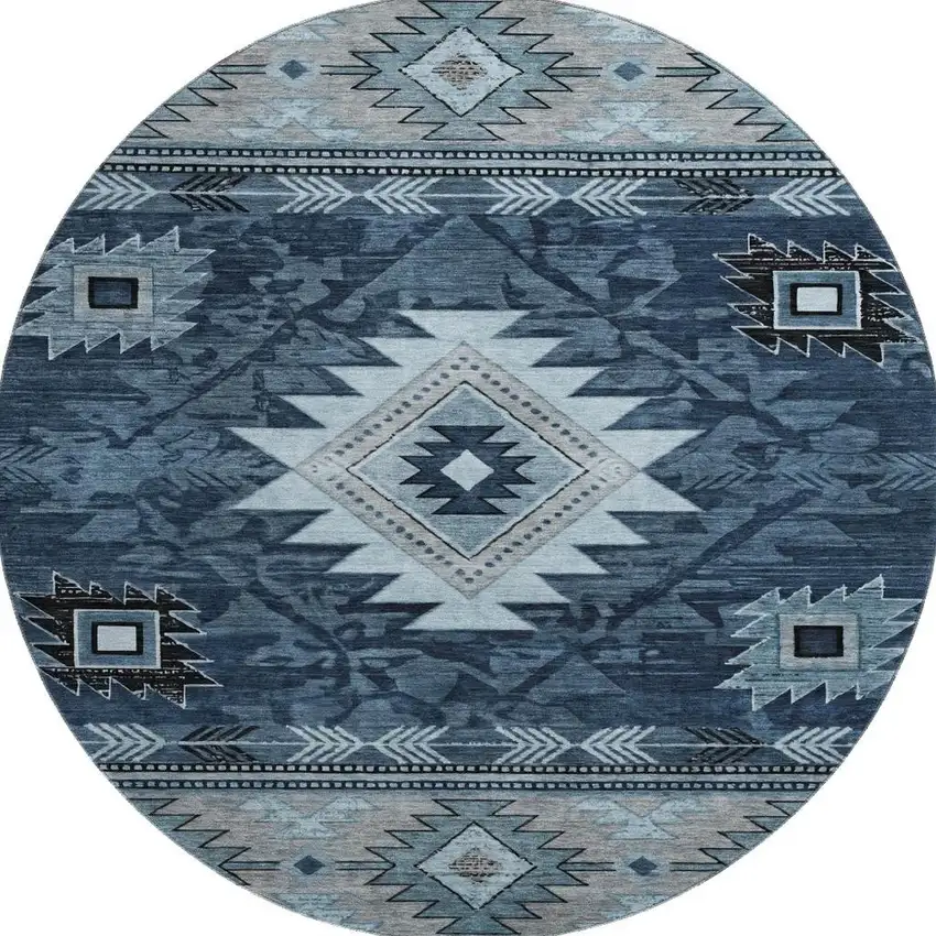 8' Blue Charcoal And Gray Geometric Washable Round Rug With UV Protection Photo 3