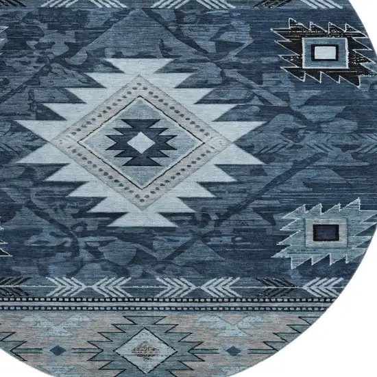 8' Blue Charcoal And Gray Geometric Washable Round Rug With UV Protection Photo 2