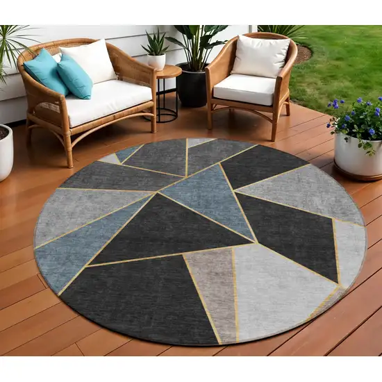 8' Blue Charcoal And Gray Round Geometric Washable Indoor Outdoor Area Rug Photo 1