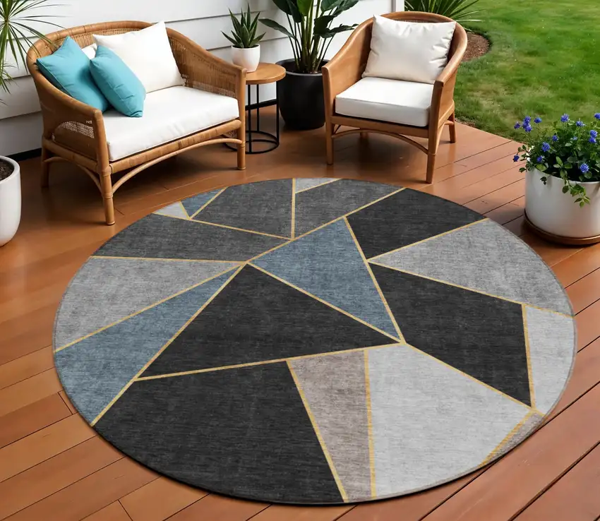 8' Blue Charcoal And Gray Round Geometric Washable Indoor Outdoor Area Rug Photo 1