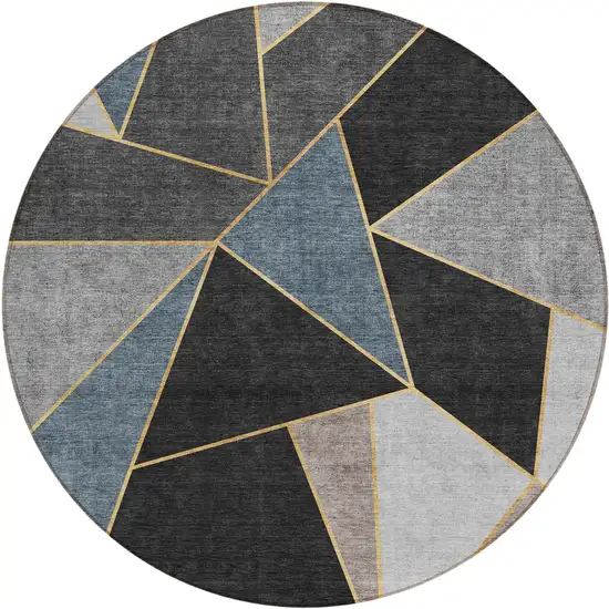 8' Blue Charcoal And Gray Round Geometric Washable Indoor Outdoor Area Rug Photo 1