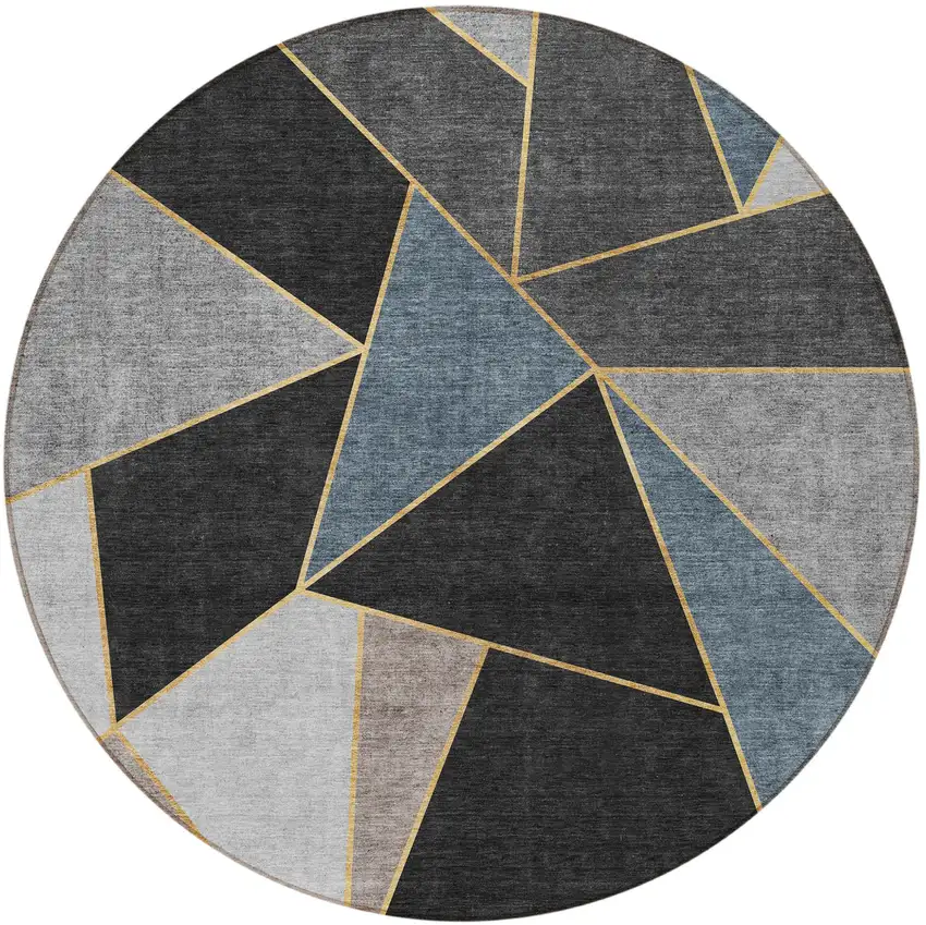8' Blue Charcoal And Gray Round Geometric Washable Indoor Outdoor Area Rug Photo 6