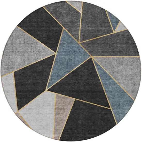 8' Blue Charcoal And Gray Round Geometric Washable Indoor Outdoor Area Rug Photo 6