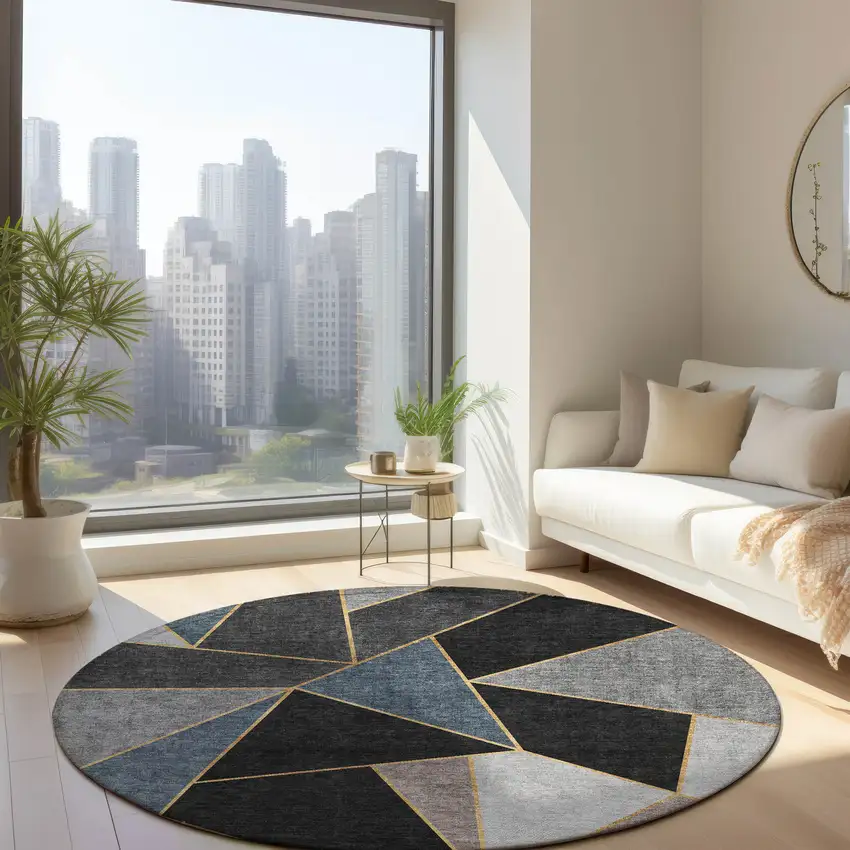 8' Blue Charcoal And Gray Round Geometric Washable Indoor Outdoor Area Rug Photo 8